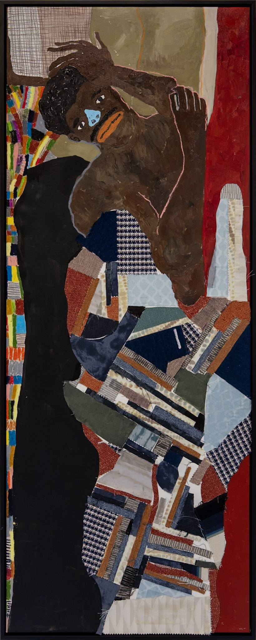 Bhare, "in our shared bed" — a tall collaged figure curled over patchwork fabric