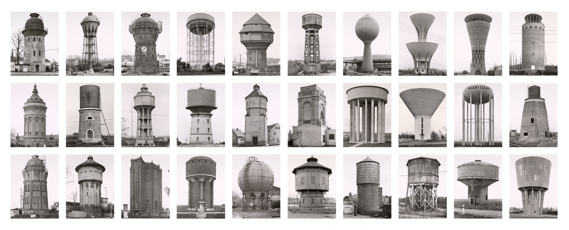 Bernd & Hilla Becher, Water Towers (Wassertürme), 1963–95 — 30 gelatin silver prints. San Francisco Museum of Modern Art.