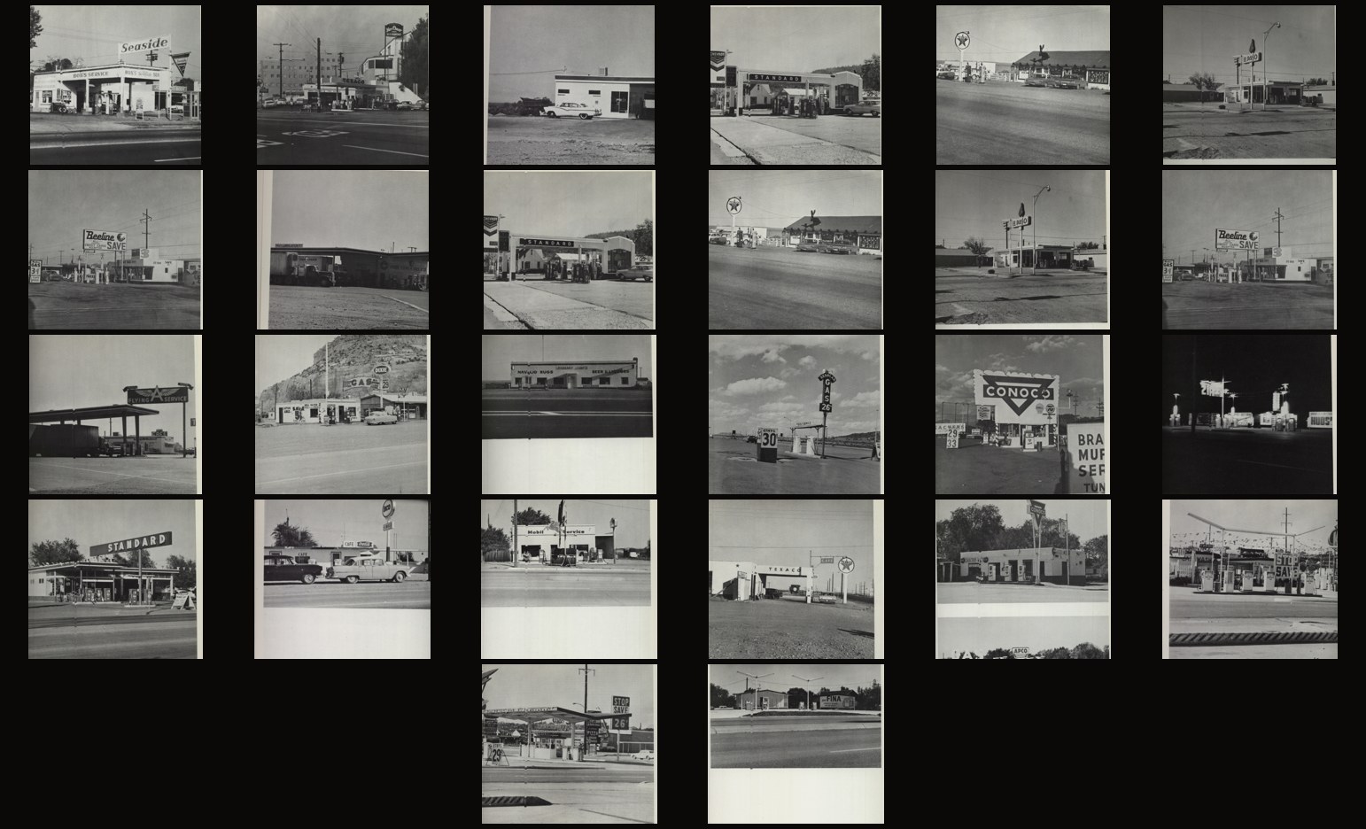 Ed Ruscha, Twentysix Gasoline Stations, 1963 — all twenty-six, as photographed in the artist’s book (National Excelsior Press).